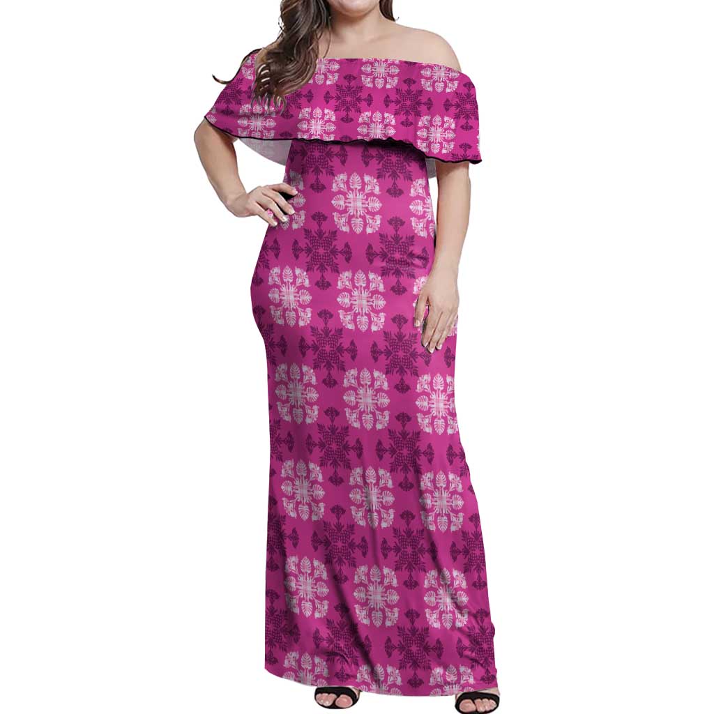 Pink Hawaiian Quilt Off Shoulder Maxi Dress Hawaii Pineapple Monstera Palaka Motifs - Polynesian Pride
