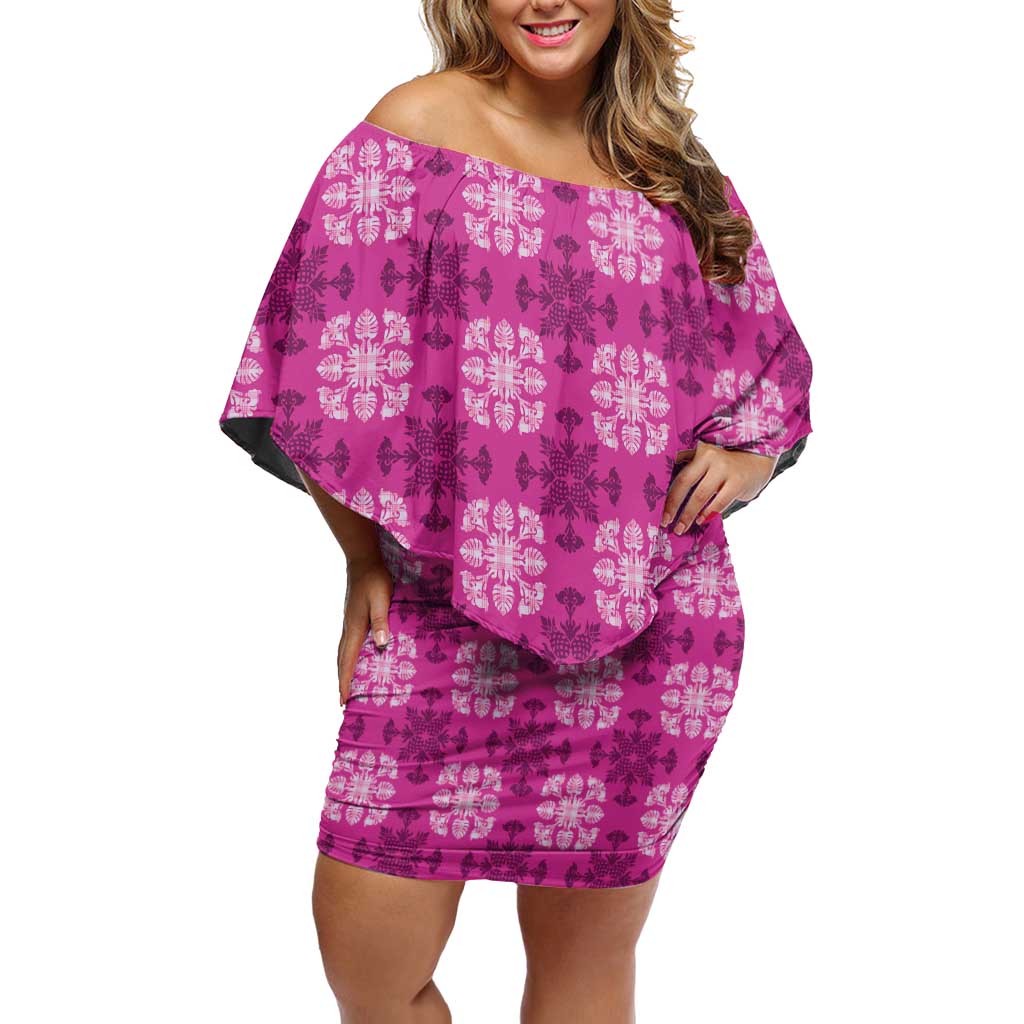 Pink Hawaiian Quilt Off Shoulder Short Dress Hawaii Pineapple Monstera Palaka Motifs - Polynesian Pride