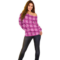 Pink Hawaiian Quilt Off Shoulder Sweater Hawaii Pineapple Monstera Palaka Motifs - Polynesian Pride