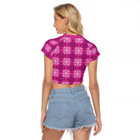 Pink Hawaiian Quilt Raglan Cropped T Shirt Hawaii Pineapple Monstera Palaka Motifs - Polynesian Pride