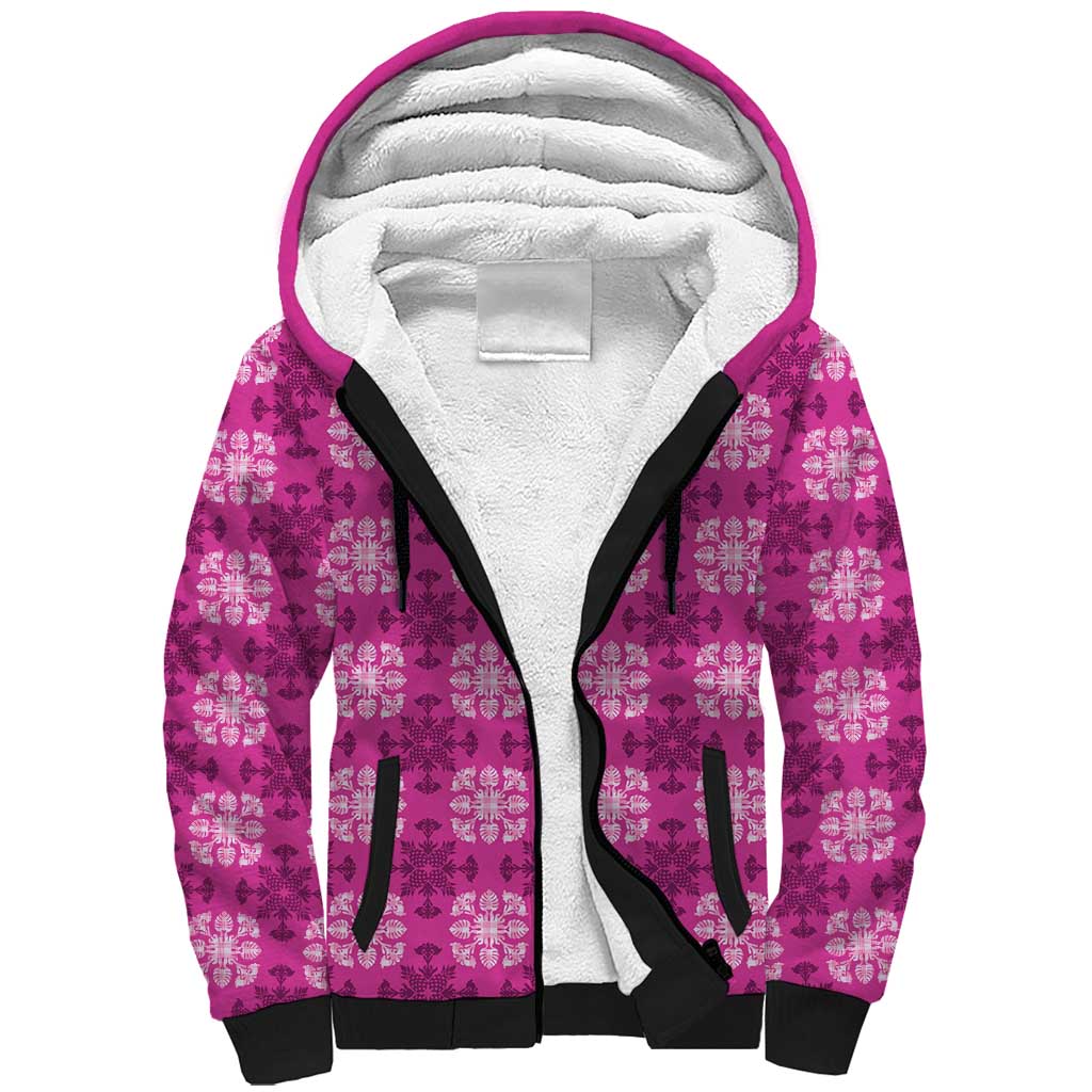 Pink Hawaiian Quilt Sherpa Hoodie Hawaii Pineapple Monstera Palaka Motifs LT14 Unisex Pink - Polynesian Pride