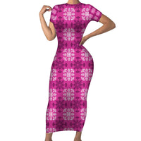 Pink Hawaiian Quilt Short Sleeve Bodycon Dress Hawaii Pineapple Monstera Palaka Motifs LT14 Long Dress Pink - Polynesian Pride