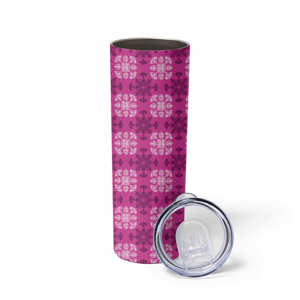 Pink Hawaiian Quilt Skinny Tumbler Hawaii Pineapple Monstera Palaka Motifs LT14 - Polynesian Pride