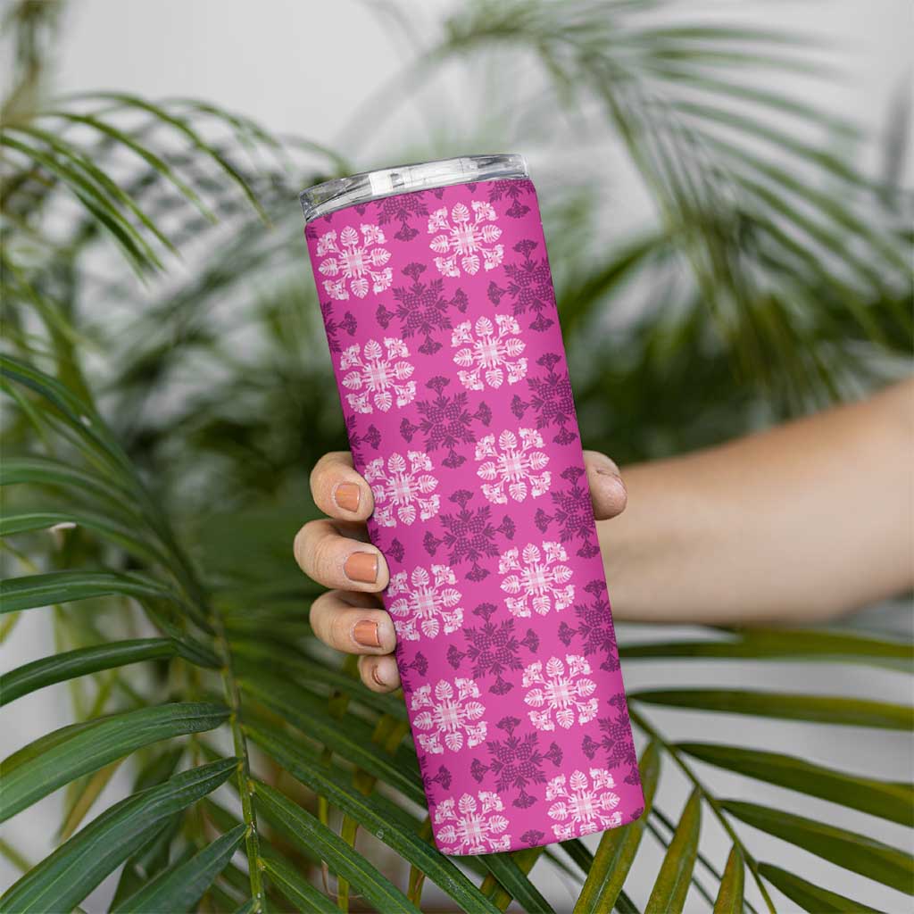 Pink Hawaiian Quilt Skinny Tumbler Hawaii Pineapple Monstera Palaka Motifs LT14 - Polynesian Pride