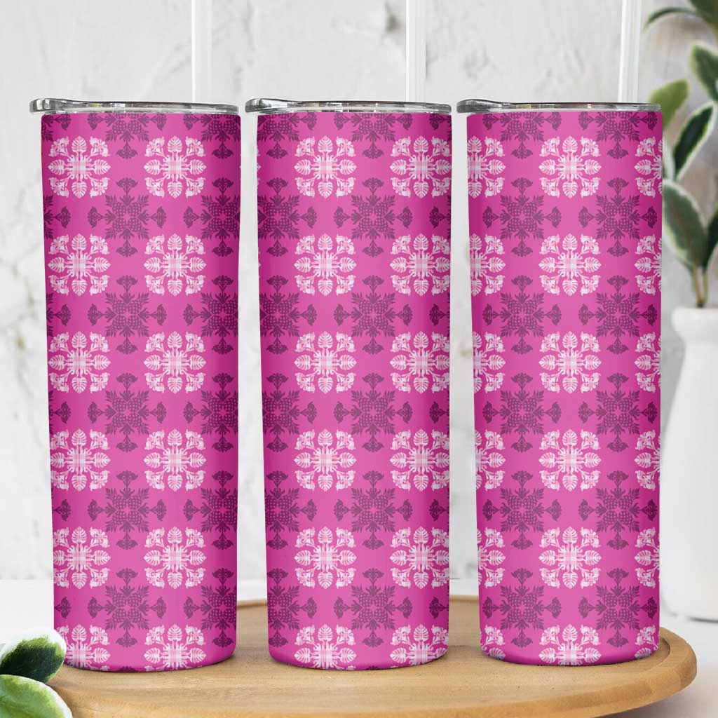 Pink Hawaiian Quilt Skinny Tumbler Hawaii Pineapple Monstera Palaka Motifs LT14 - Polynesian Pride