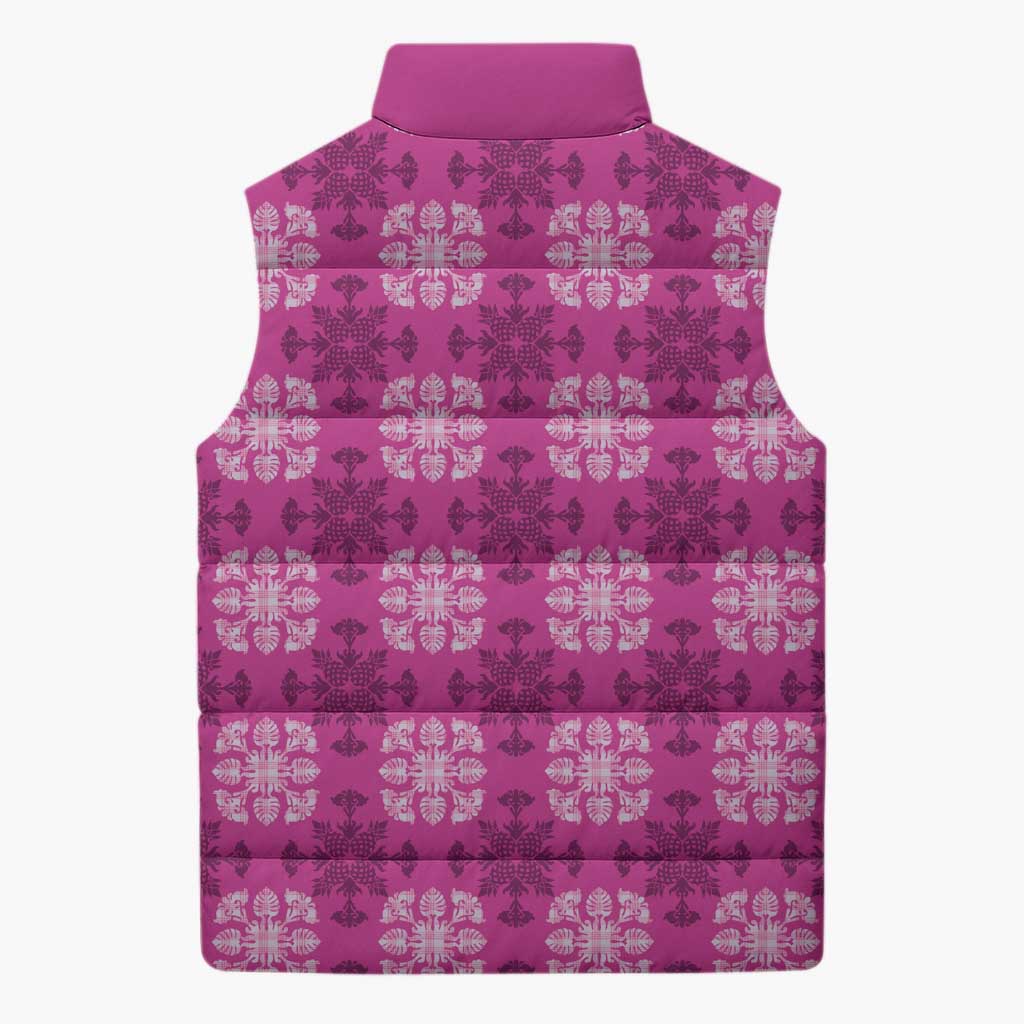 Pink Hawaiian Quilt Sleeveless Puffer Jacket Hawaii Pineapple Monstera Palaka Motifs - Polynesian Pride