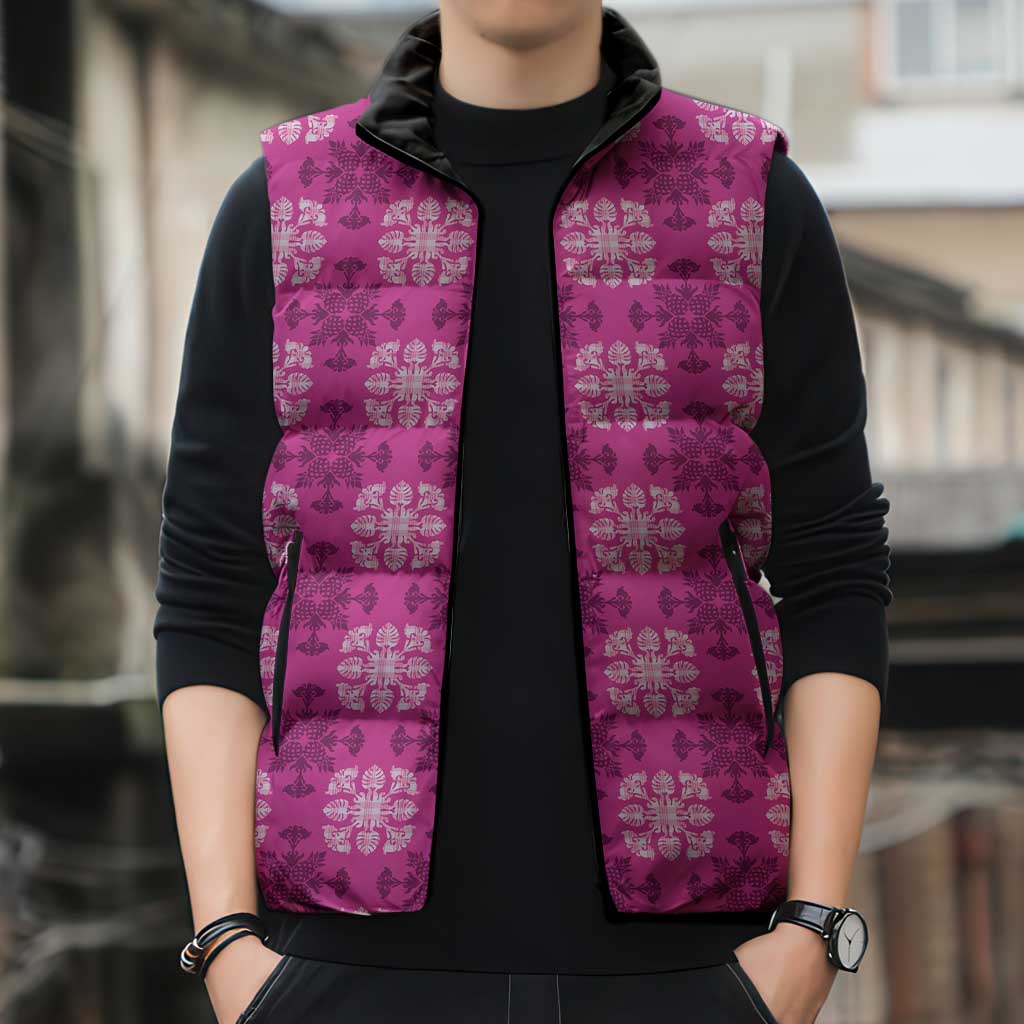 Pink Hawaiian Quilt Sleeveless Puffer Jacket Hawaii Pineapple Monstera Palaka Motifs - Polynesian Pride