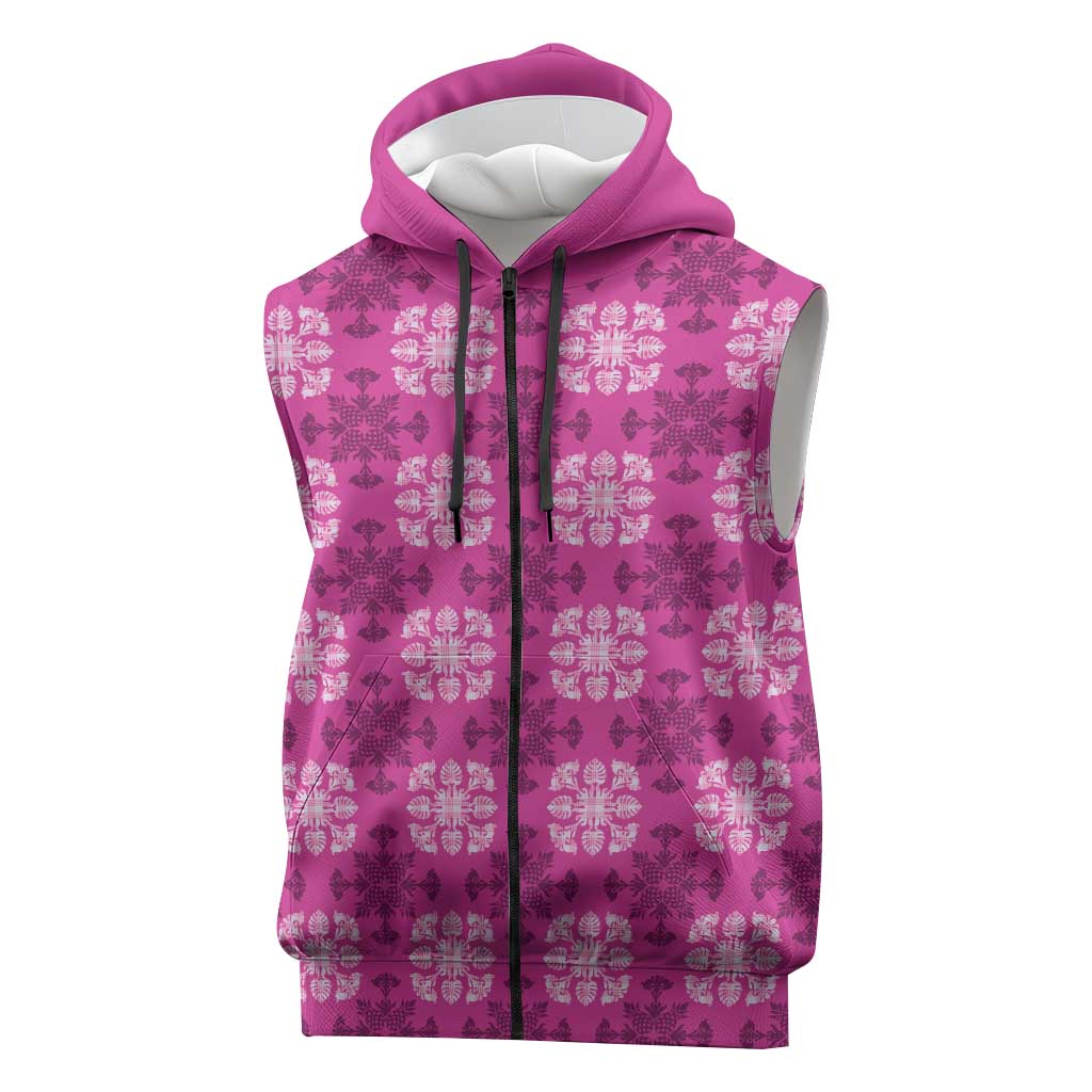 Pink Hawaiian Quilt Sleeveless Zip Hoodie Hawaii Pineapple Monstera Palaka Motifs - Polynesian Pride