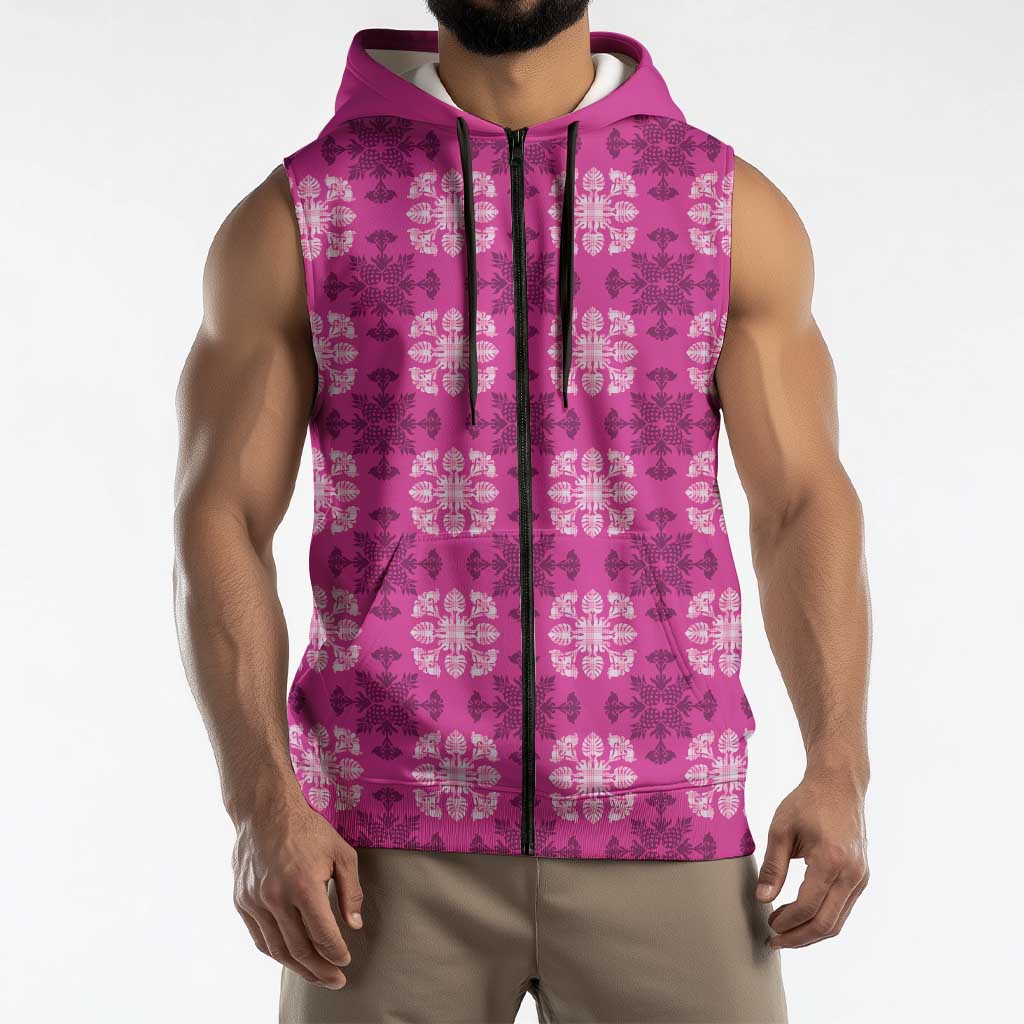 Pink Hawaiian Quilt Sleeveless Zip Hoodie Hawaii Pineapple Monstera Palaka Motifs LT14 - Polynesian Pride