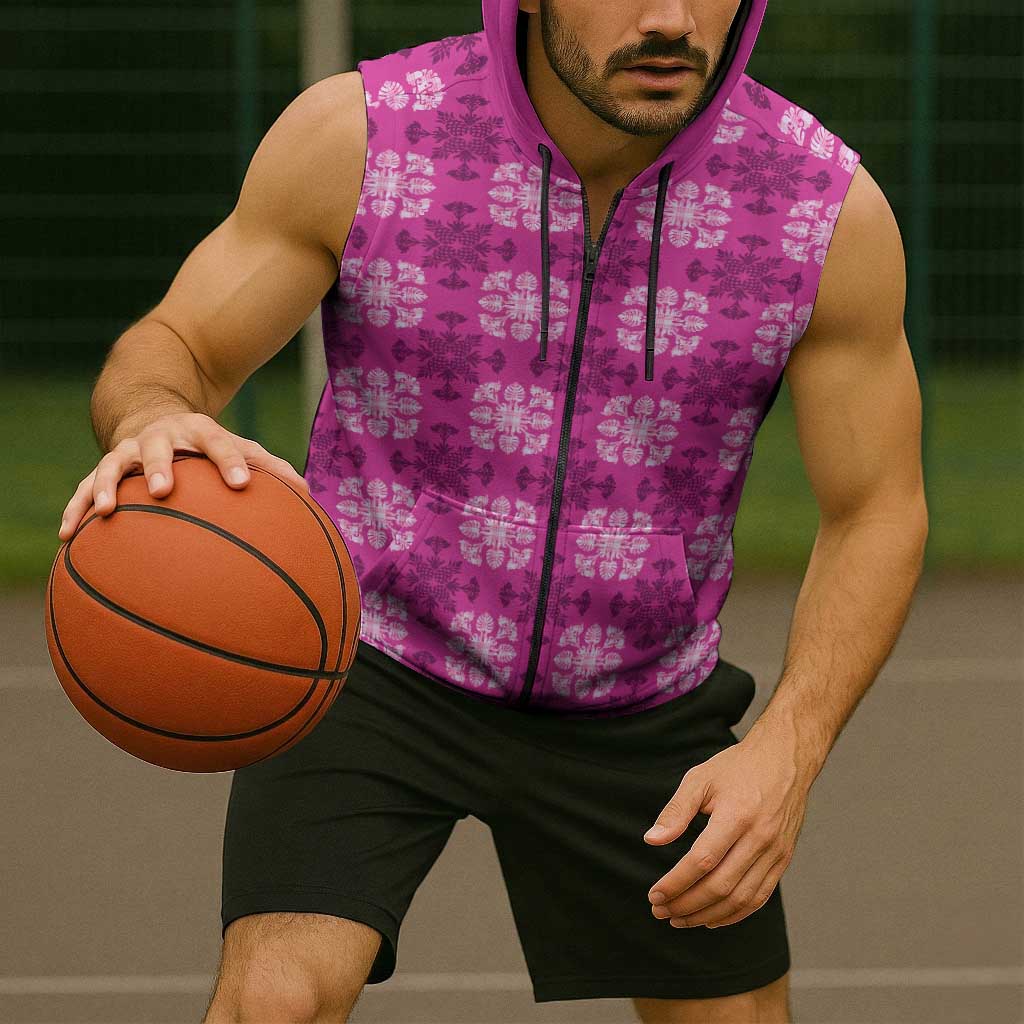 Pink Hawaiian Quilt Sleeveless Zip Hoodie Hawaii Pineapple Monstera Palaka Motifs LT14 - Polynesian Pride