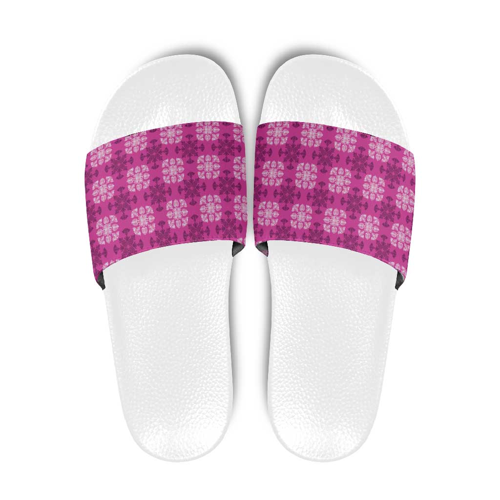 Pink Hawaiian Quilt Slide Sandals Hawaii Pineapple Monstera Palaka Motifs - Polynesian Pride