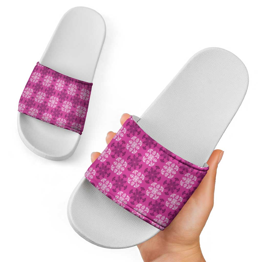 Pink Hawaiian Quilt Slide Sandals Hawaii Pineapple Monstera Palaka Motifs - Polynesian Pride