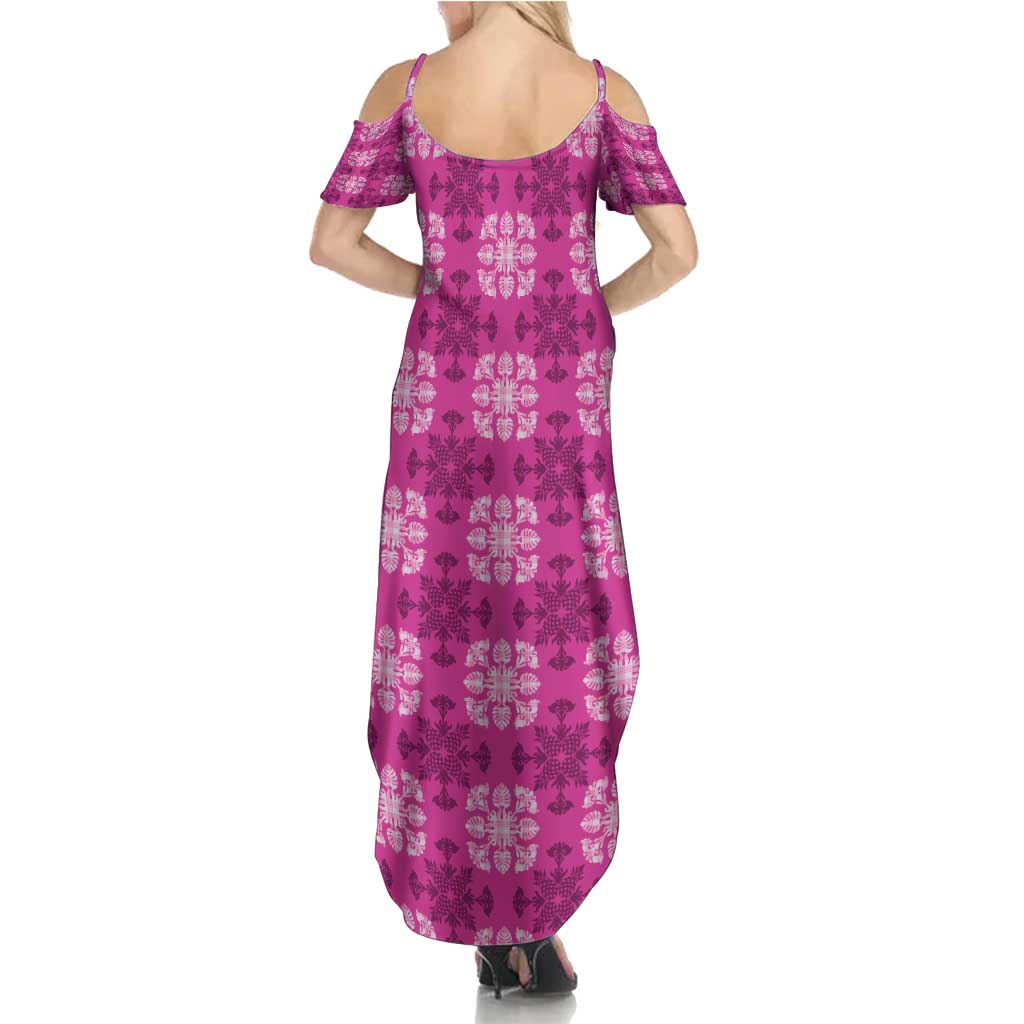 Pink Hawaiian Quilt Summer Maxi Dress Hawaii Pineapple Monstera Palaka Motifs - Polynesian Pride