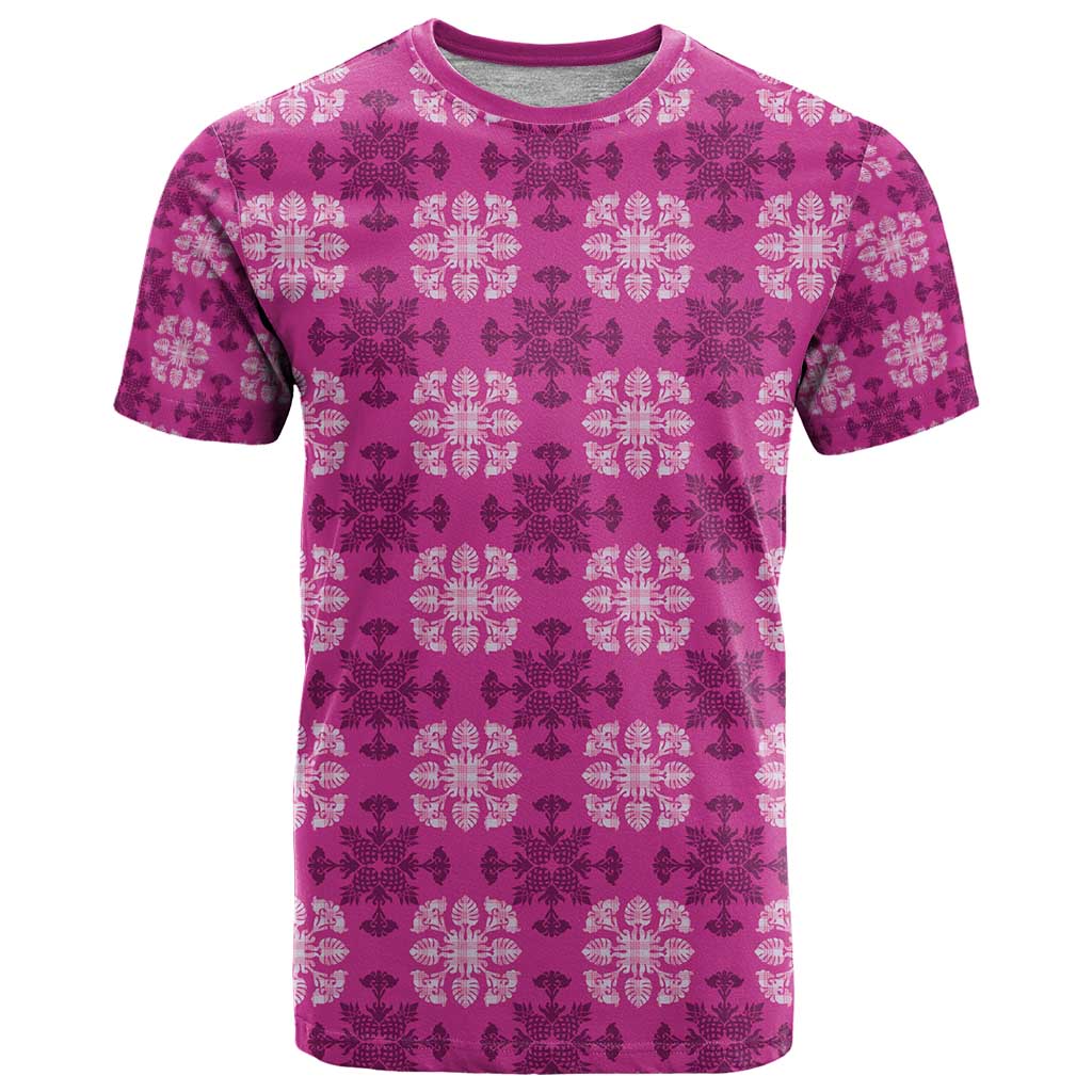 Pink Hawaiian Quilt T Shirt Hawaii Pineapple Monstera Palaka Motifs - Polynesian Pride