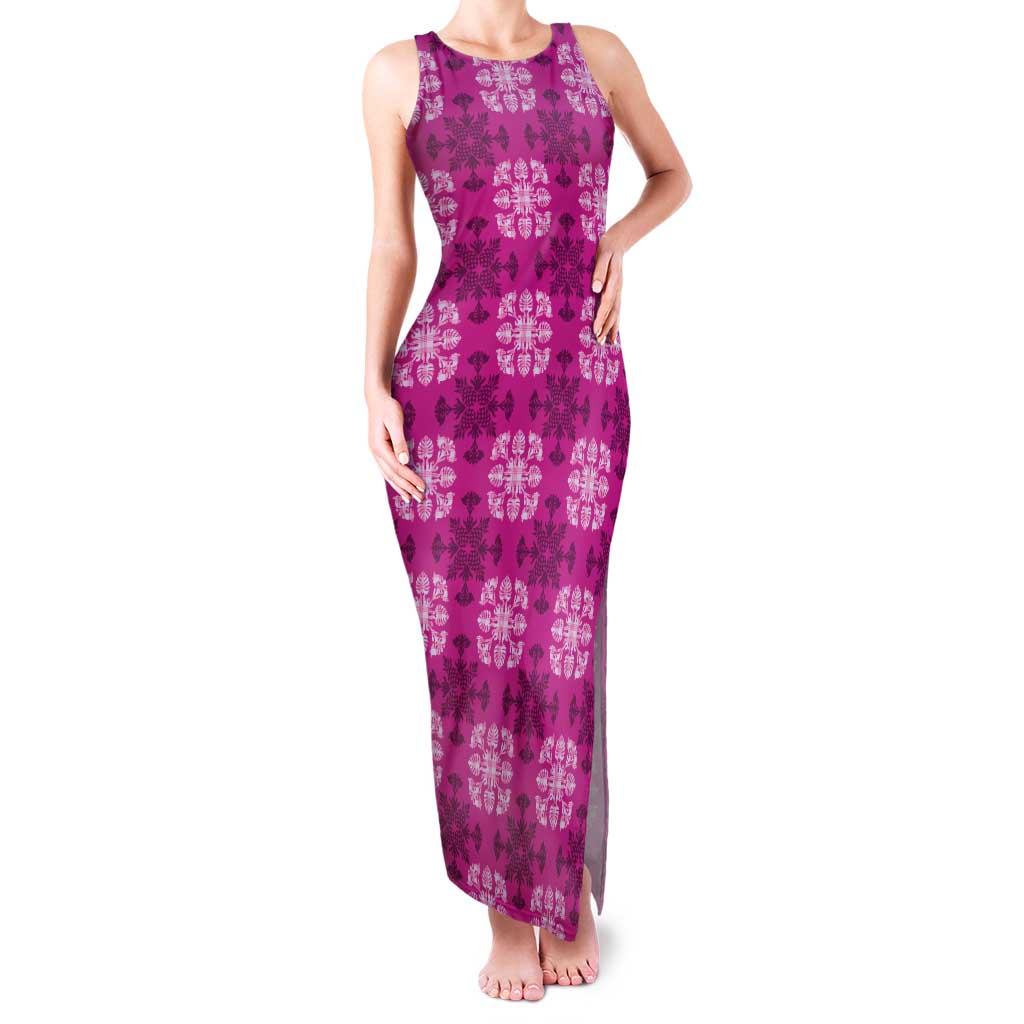 Pink Hawaiian Quilt Tank Maxi Dress Hawaii Pineapple Monstera Palaka Motifs - Polynesian Pride