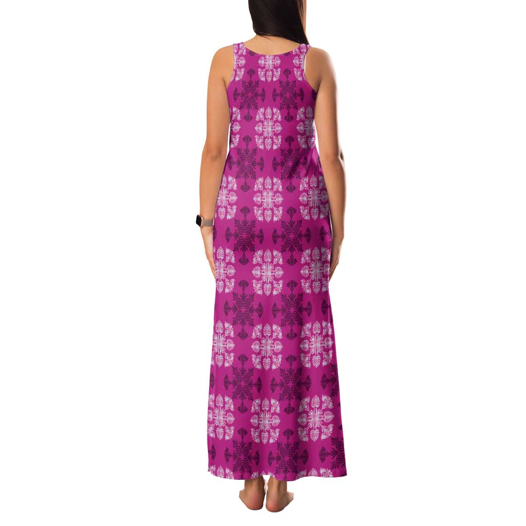 Pink Hawaiian Quilt Tank Maxi Dress Hawaii Pineapple Monstera Palaka Motifs - Polynesian Pride