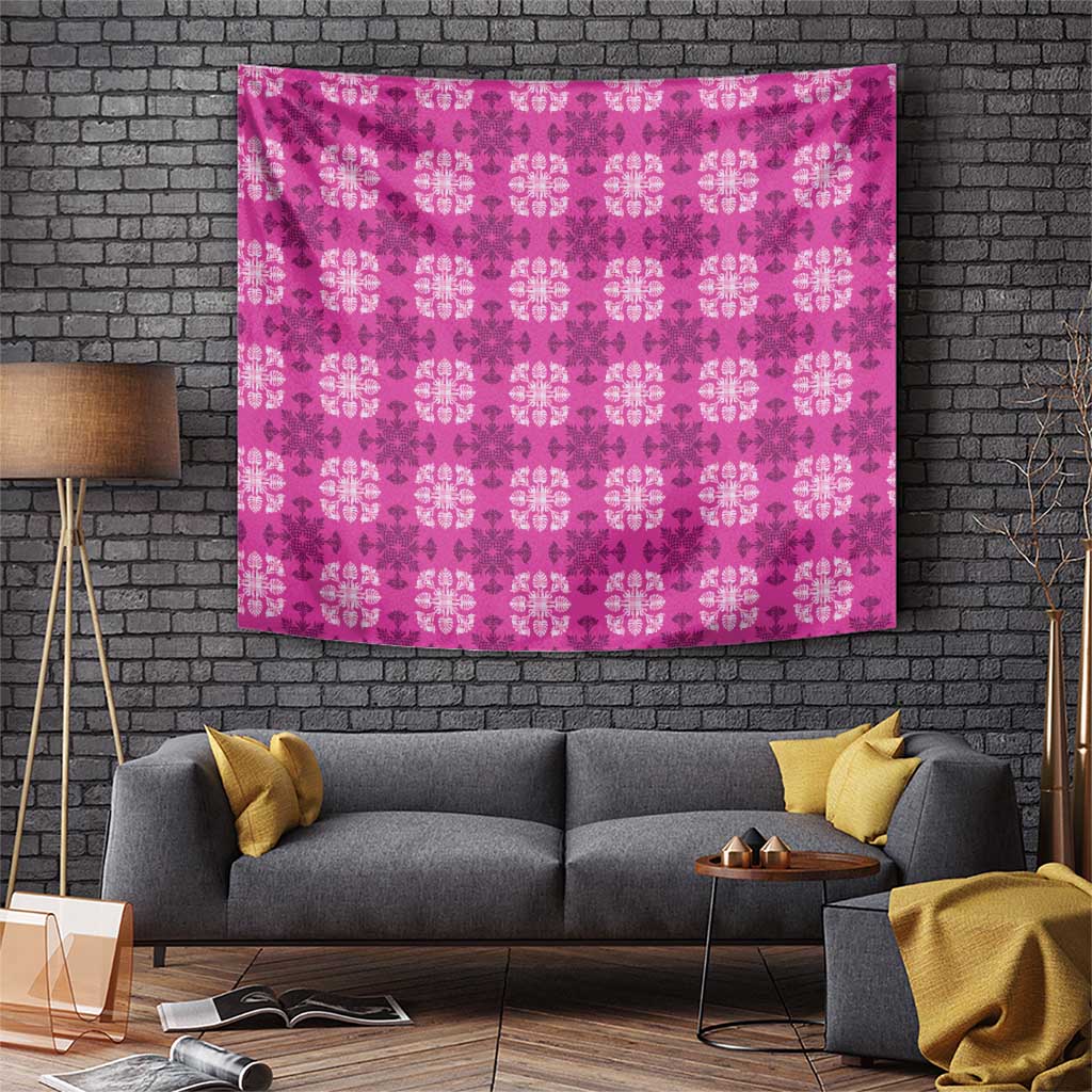 Pink Hawaiian Quilt Tapestry Hawaii Pineapple Monstera Palaka Motifs - Polynesian Pride