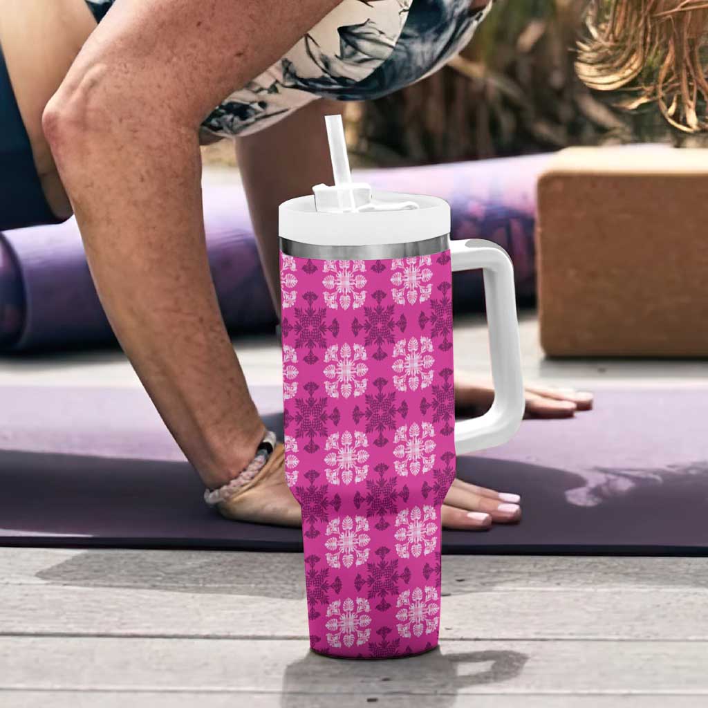 Pink Hawaiian Quilt Tumbler With Handle Hawaii Pineapple Monstera Palaka Motifs - Polynesian Pride