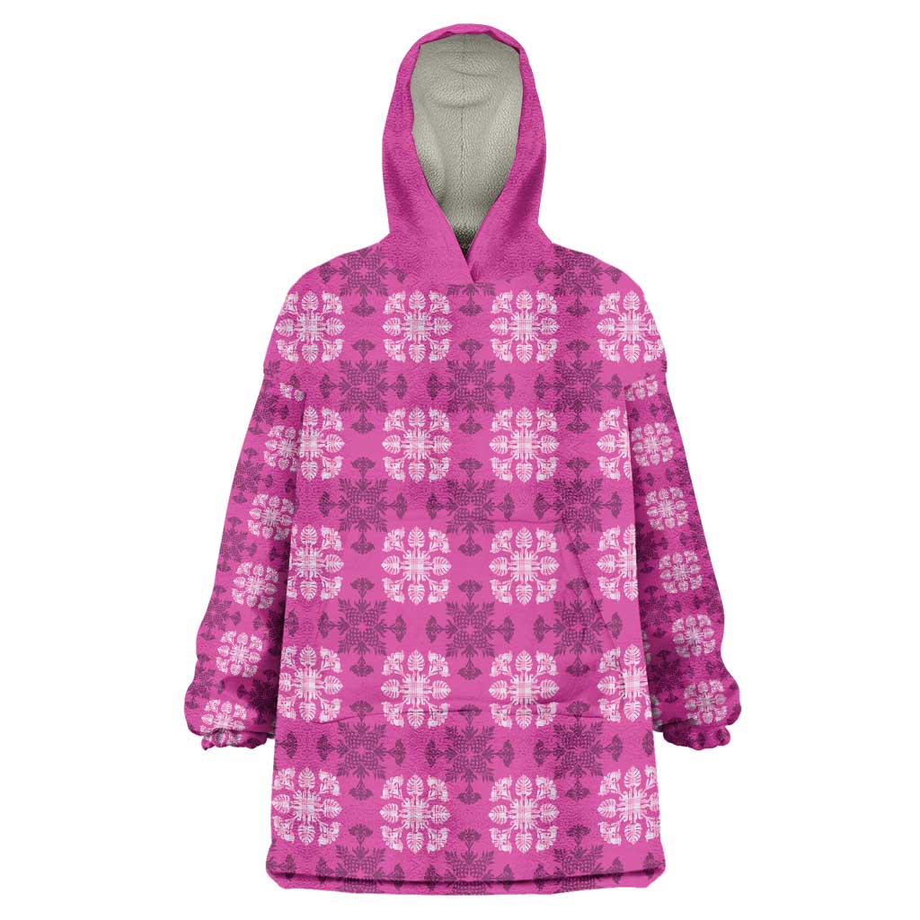 Pink Hawaiian Quilt Wearable Blanket Hoodie Hawaii Pineapple Monstera Palaka Motifs LT14 One Size Pink - Polynesian Pride