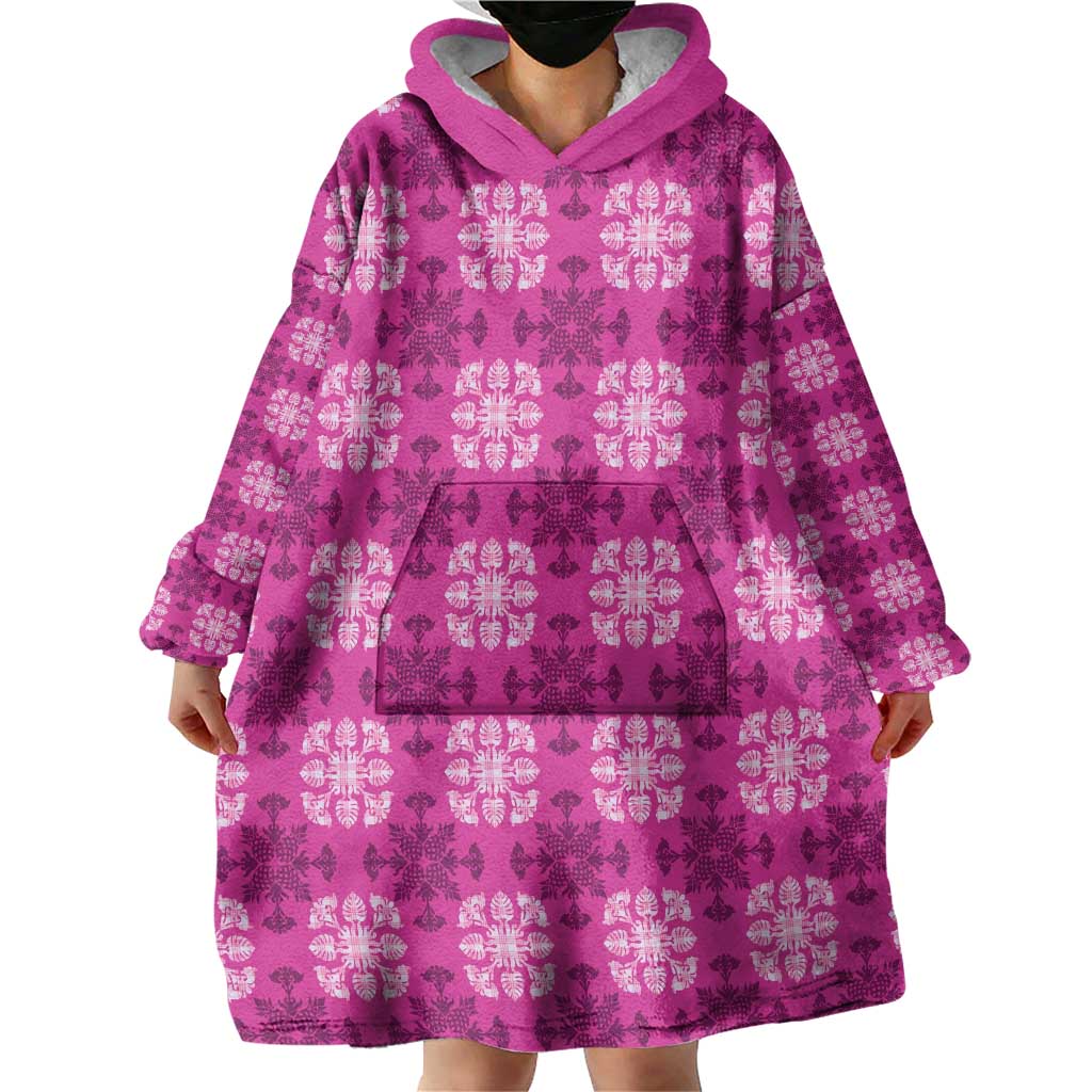 Pink Hawaiian Quilt Wearable Blanket Hoodie Hawaii Pineapple Monstera Palaka Motifs LT14 - Polynesian Pride