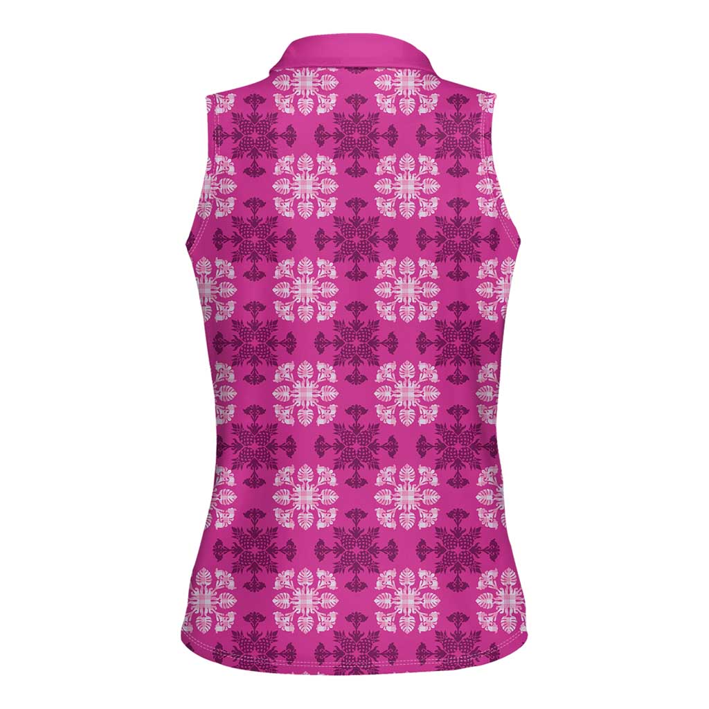 Pink Hawaiian Quilt Women Sleeveless Polo Shirt Hawaii Pineapple Monstera Palaka Motifs LT14 - Polynesian Pride