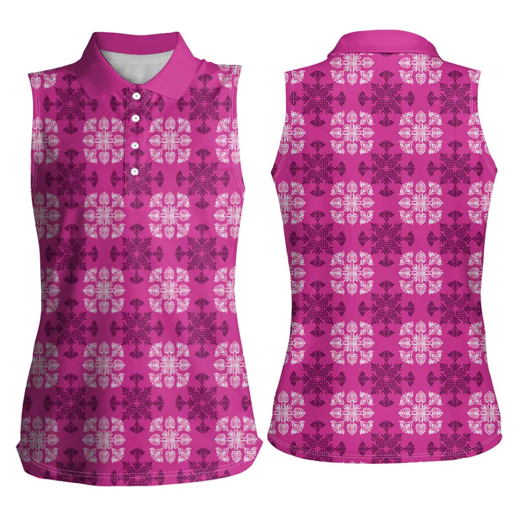 Pink Hawaiian Quilt Women Sleeveless Polo Shirt Hawaii Pineapple Monstera Palaka Motifs LT14 - Polynesian Pride