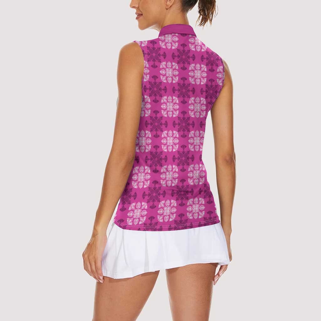 Pink Hawaiian Quilt Women Sleeveless Polo Shirt Hawaii Pineapple Monstera Palaka Motifs LT14 - Polynesian Pride