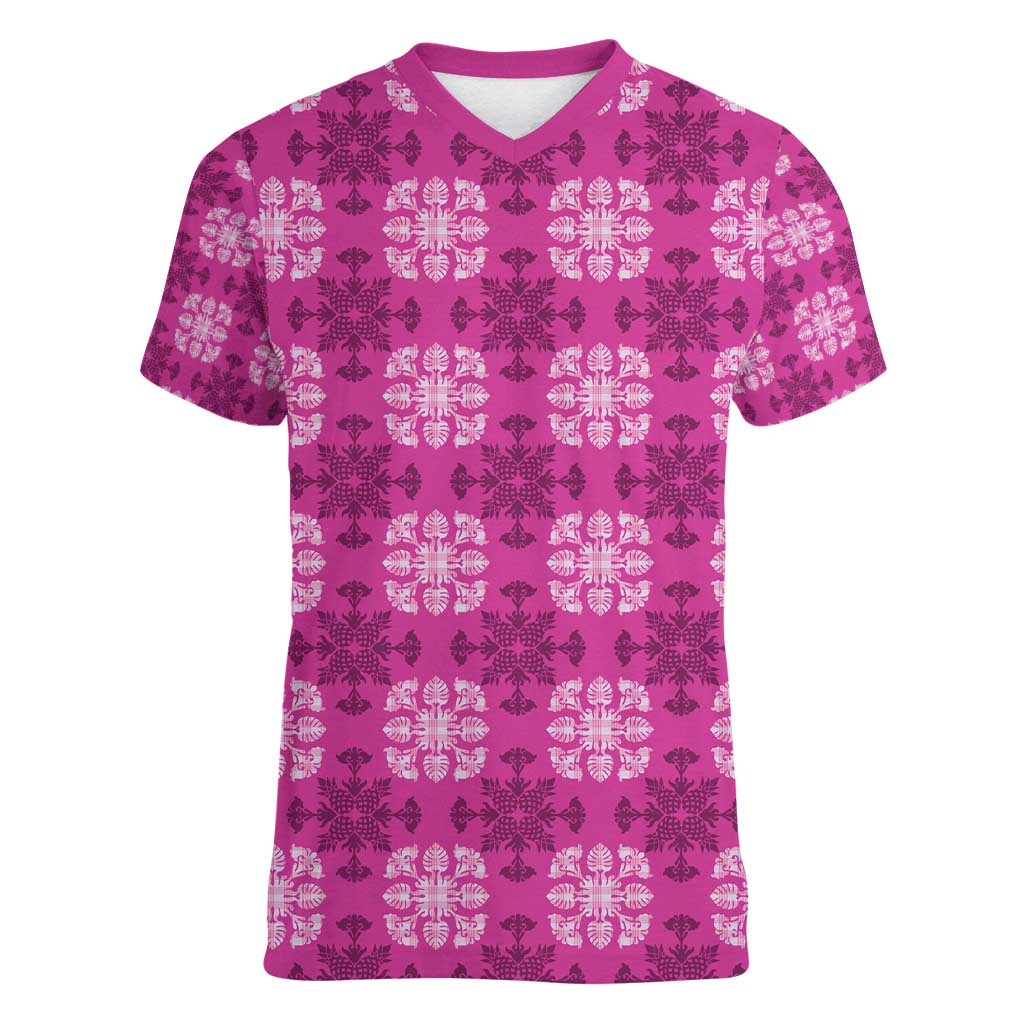Pink Hawaiian Quilt Women V-Neck T-Shirt Hawaii Pineapple Monstera Palaka Motifs LT14 Female Pink - Polynesian Pride