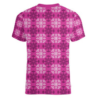 Pink Hawaiian Quilt Women V-Neck T-Shirt Hawaii Pineapple Monstera Palaka Motifs LT14 - Polynesian Pride