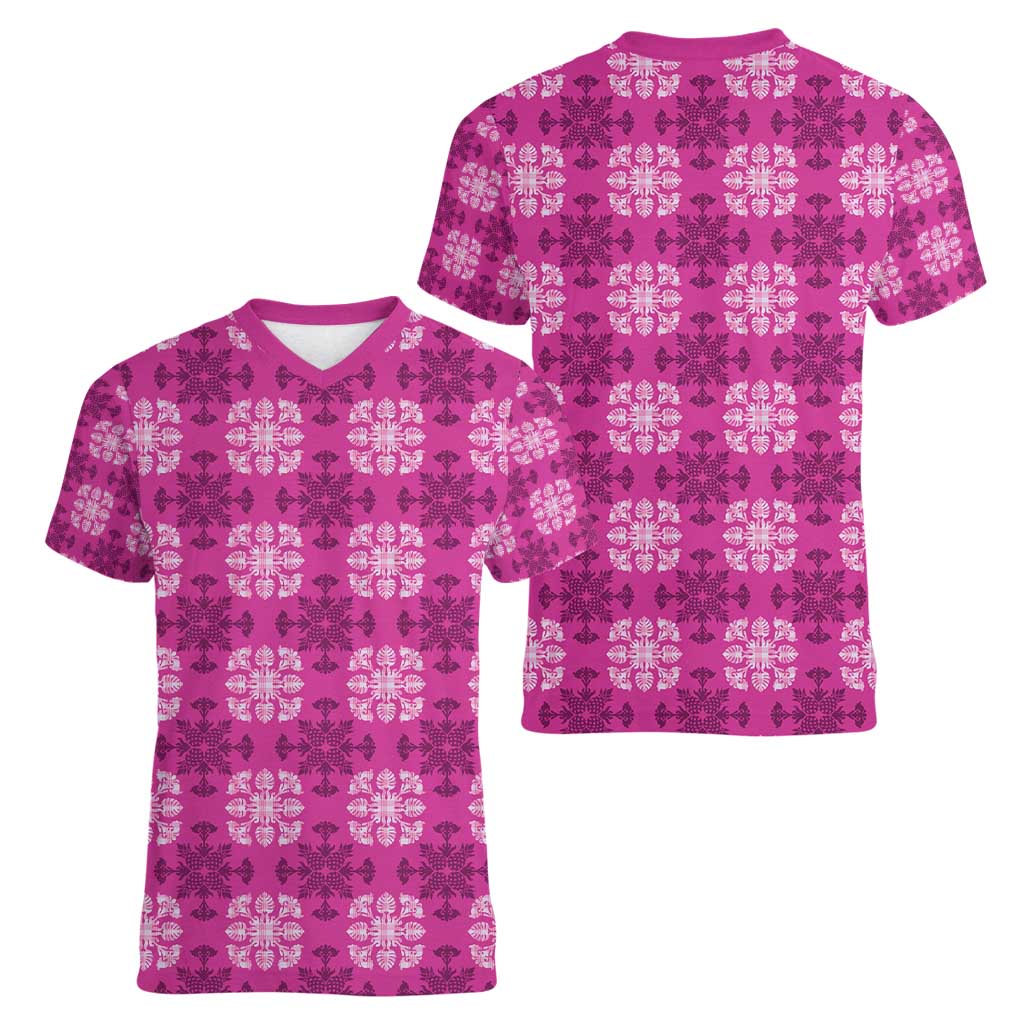Pink Hawaiian Quilt Women V-Neck T-Shirt Hawaii Pineapple Monstera Palaka Motifs LT14 - Polynesian Pride