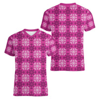 Pink Hawaiian Quilt Women V-Neck T-Shirt Hawaii Pineapple Monstera Palaka Motifs LT14 - Polynesian Pride