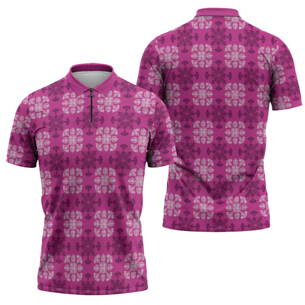 Pink Hawaiian Quilt Zipper Polo Shirt Hawaii Pineapple Monstera Palaka Motifs LT14 - Polynesian Pride