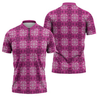 Pink Hawaiian Quilt Zipper Polo Shirt Hawaii Pineapple Monstera Palaka Motifs LT14 - Polynesian Pride