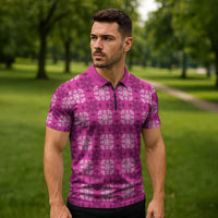 Pink Hawaiian Quilt Zipper Polo Shirt Hawaii Pineapple Monstera Palaka Motifs LT14 - Polynesian Pride