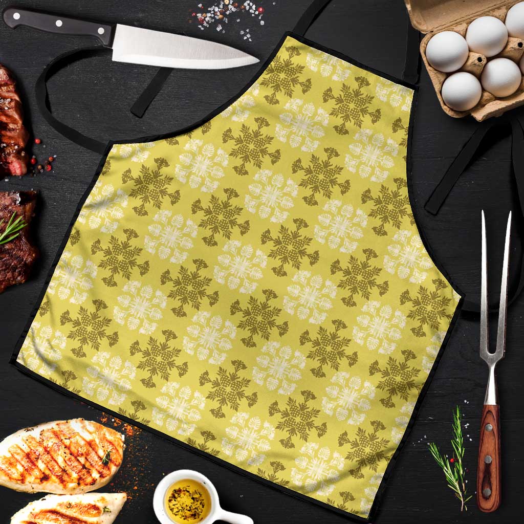 Yellow Hawaiian Quilt Apron Hawaii Pineapple Monstera Palaka Motifs - Polynesian Pride