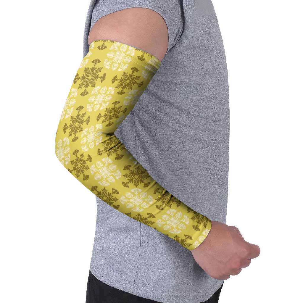 Yellow Hawaiian Quilt Arm Sleeves Hawaii Pineapple Monstera Palaka Motifs - Polynesian Pride