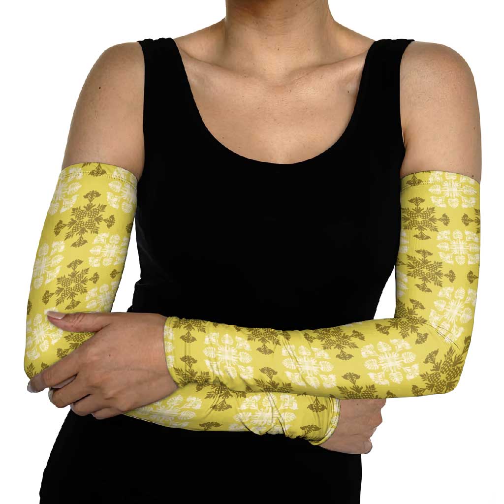 Yellow Hawaiian Quilt Arm Sleeves Hawaii Pineapple Monstera Palaka Motifs - Polynesian Pride