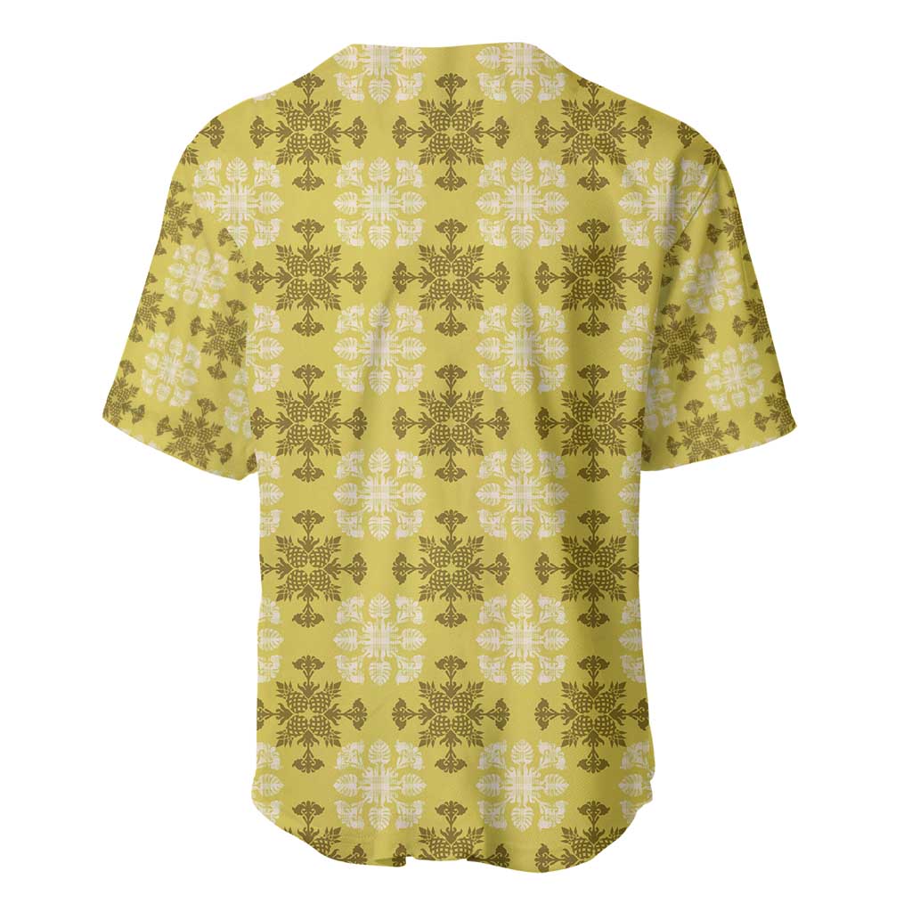 Yellow Hawaiian Quilt Baseball Jersey Hawaii Pineapple Monstera Palaka Motifs - Polynesian Pride