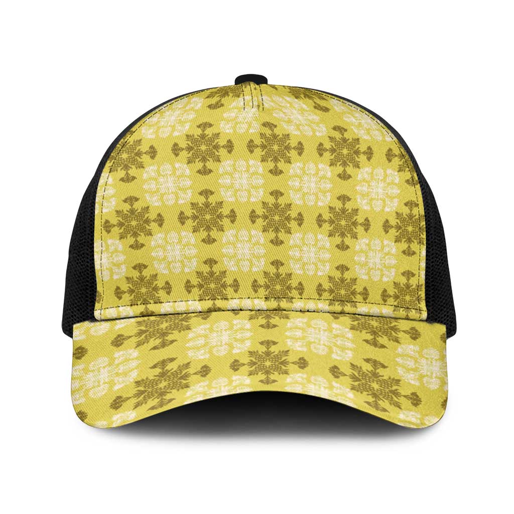 Yellow Hawaiian Quilt Baseball Net Cap Hawaii Pineapple Monstera Palaka Motifs - Polynesian Pride
