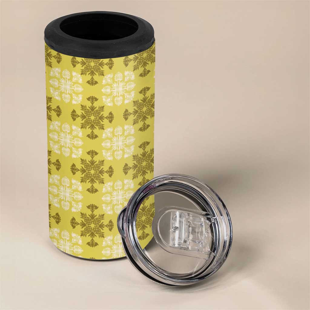 Yellow Hawaiian Quilt 4 in 1 Can Cooler Tumbler Hawaii Pineapple Monstera Palaka Motifs LT14 - Polynesian Pride