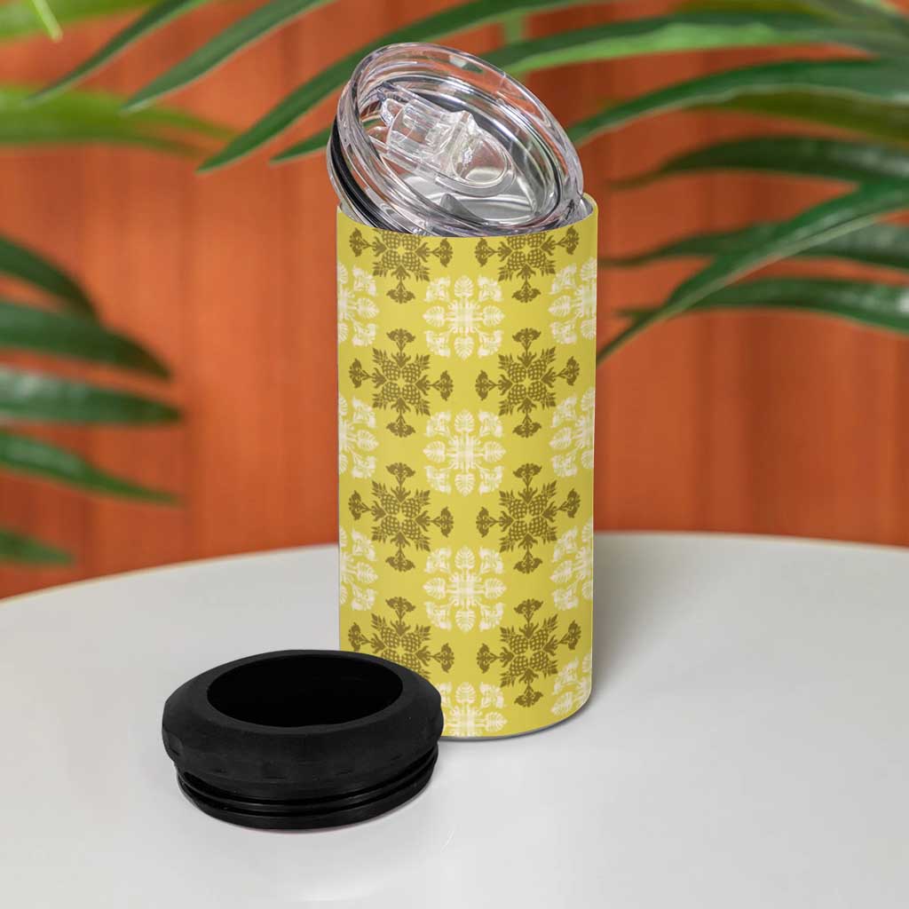 Yellow Hawaiian Quilt 4 in 1 Can Cooler Tumbler Hawaii Pineapple Monstera Palaka Motifs LT14 - Polynesian Pride