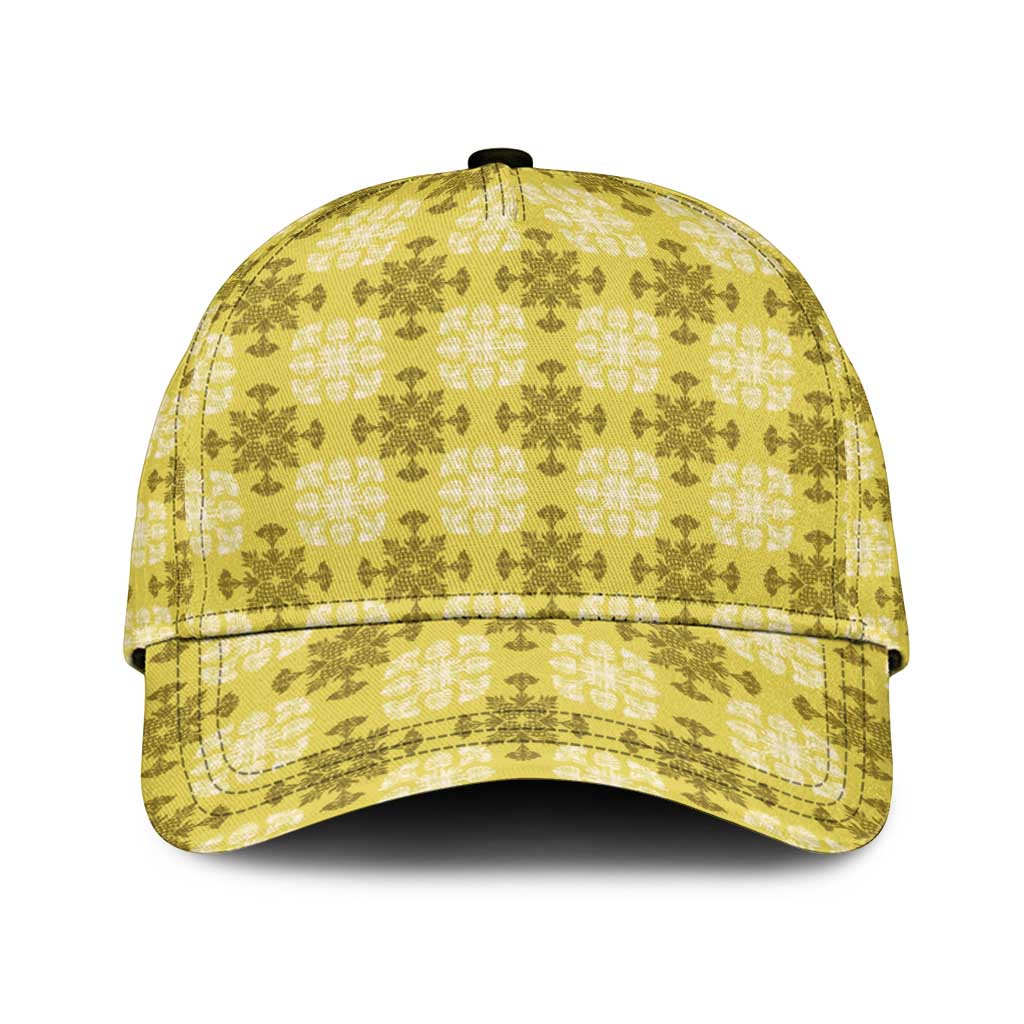 Yellow Hawaiian Quilt Classic Cap Hawaii Pineapple Monstera Palaka Motifs - Polynesian Pride