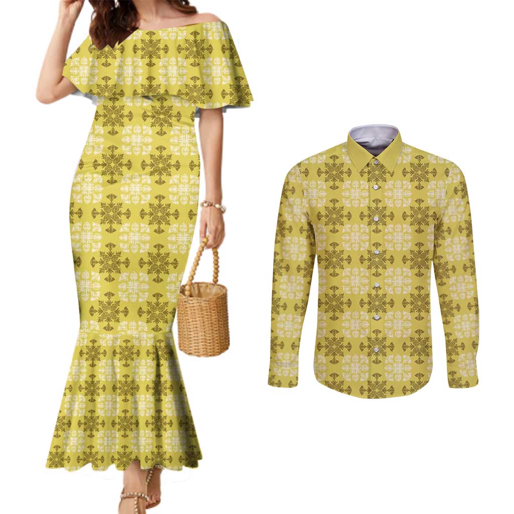 Yellow Hawaiian Quilt Couples Matching Mermaid Dress and Long Sleeve Button Shirt Hawaii Pineapple Monstera Palaka Motifs LT14 Yellow - Polynesian Pride