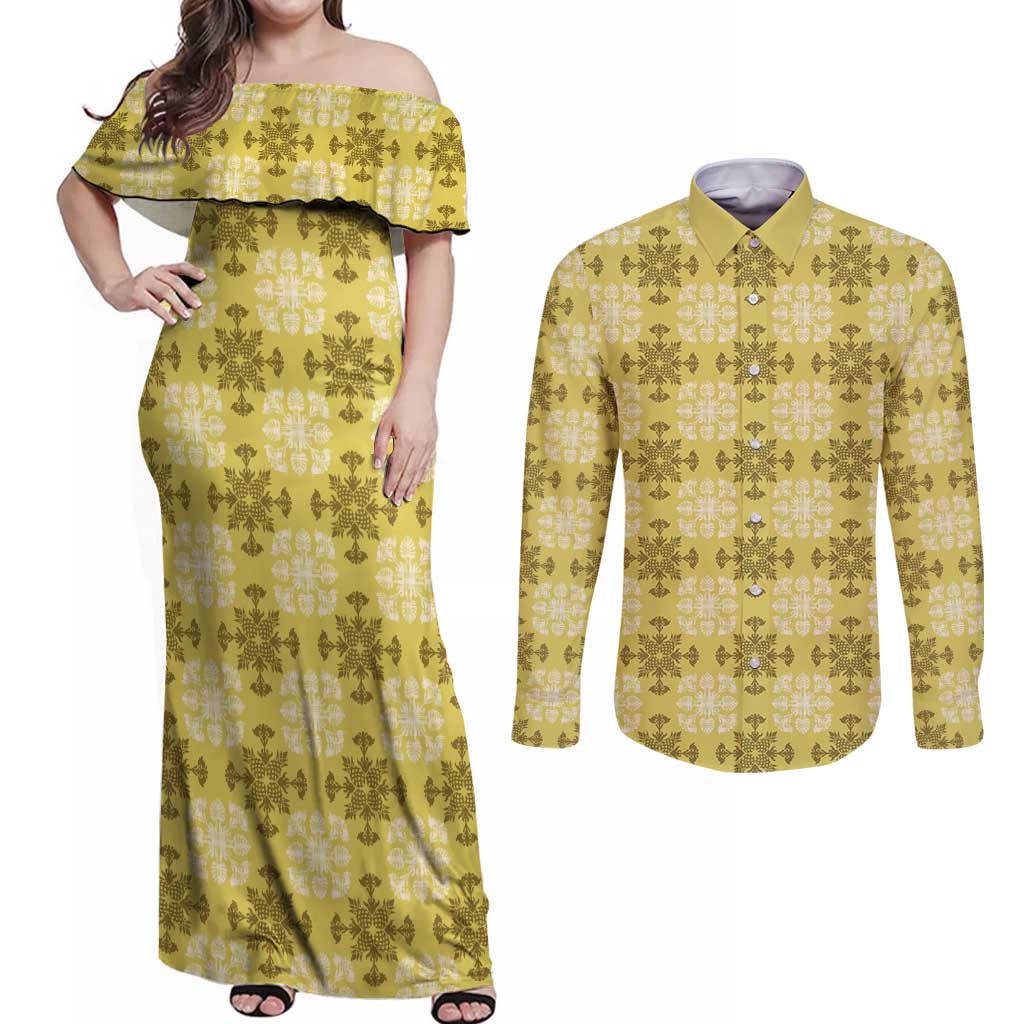 Yellow Hawaiian Quilt Couples Matching Off Shoulder Maxi Dress and Long Sleeve Button Shirt Hawaii Pineapple Monstera Palaka Motifs LT14 Yellow - Polynesian Pride