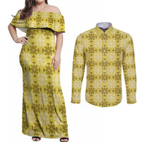 Yellow Hawaiian Quilt Couples Matching Off Shoulder Maxi Dress and Long Sleeve Button Shirt Hawaii Pineapple Monstera Palaka Motifs LT14 Yellow - Polynesian Pride