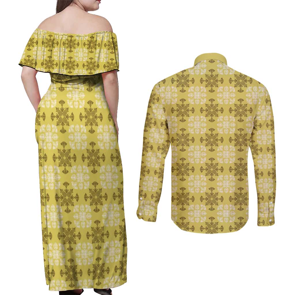 Yellow Hawaiian Quilt Couples Matching Off Shoulder Maxi Dress and Long Sleeve Button Shirt Hawaii Pineapple Monstera Palaka Motifs LT14 - Polynesian Pride