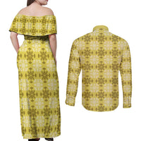 Yellow Hawaiian Quilt Couples Matching Off Shoulder Maxi Dress and Long Sleeve Button Shirt Hawaii Pineapple Monstera Palaka Motifs LT14 - Polynesian Pride