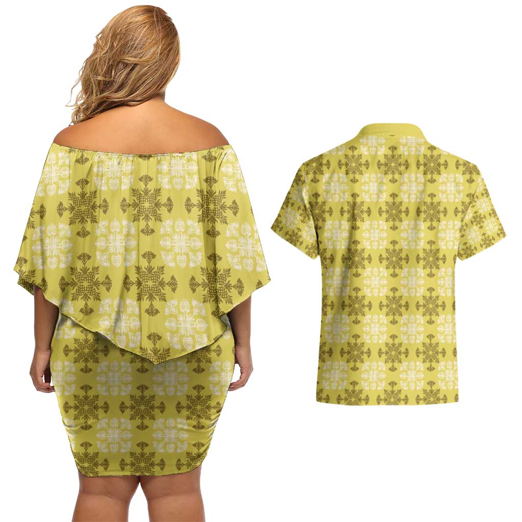 Yellow Hawaiian Quilt Couples Matching Off Shoulder Short Dress and Hawaiian Shirt Hawaii Pineapple Monstera Palaka Motifs LT14 - Polynesian Pride
