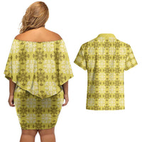 Yellow Hawaiian Quilt Couples Matching Off Shoulder Short Dress and Hawaiian Shirt Hawaii Pineapple Monstera Palaka Motifs LT14 - Polynesian Pride