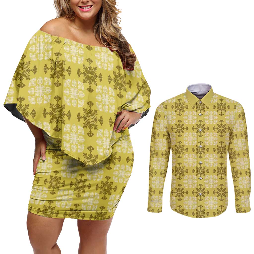 Yellow Hawaiian Quilt Couples Matching Off Shoulder Short Dress and Long Sleeve Button Shirt Hawaii Pineapple Monstera Palaka Motifs - Polynesian Pride